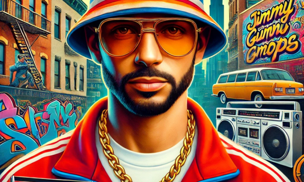 A vibrant portrait of Jimmy Gumdrops, an old-school rapper from the Lower East Side, NYC. He is wearing a gold chain, a bucket hat, an Adidas tracksuit, and retro sneakers. The background features a colorful urban cityscape with graffiti murals, boomboxes, and iconic NYC buildings, highlighting his connection to hip-hop culture and artistic creativity.