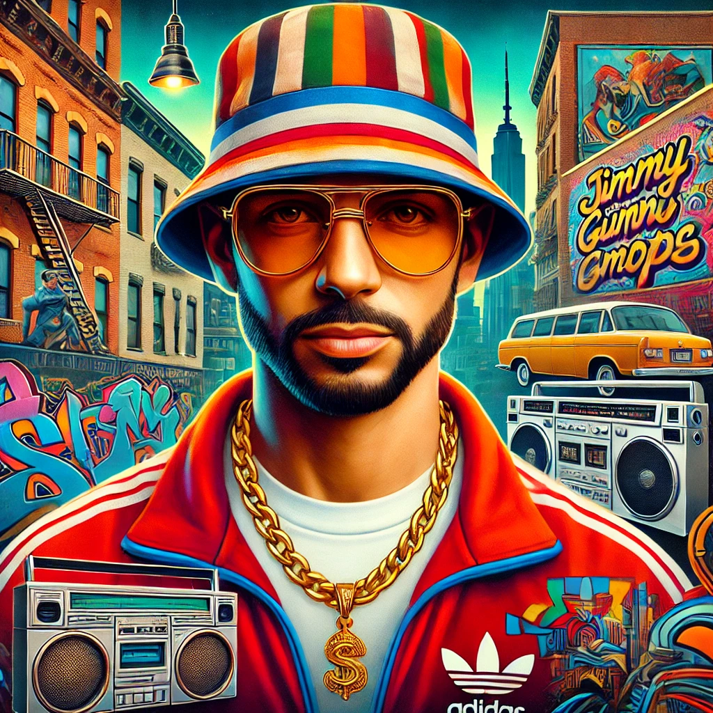 A vibrant portrait of Jimmy Gumdrops, an old-school rapper from the Lower East Side, NYC. He is wearing a gold chain, a bucket hat, an Adidas tracksuit, and retro sneakers. The background features a colorful urban cityscape with graffiti murals, boomboxes, and iconic NYC buildings, highlighting his connection to hip-hop culture and artistic creativity.